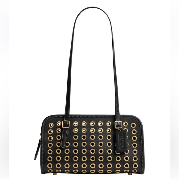 Coach Black and Gold Eyelet Shoulder Bag Small Grommet Detail Leather Swing Bag - Picture 1 of 5